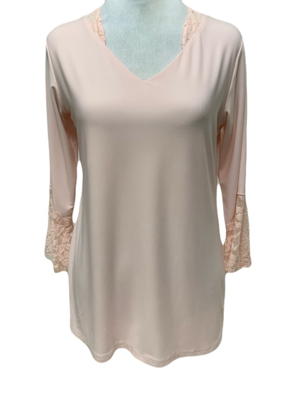 Sympli Size 6 Baby Pink Lace Trim V-Neck Long Sleeve Stretchy Knit Top Feminine